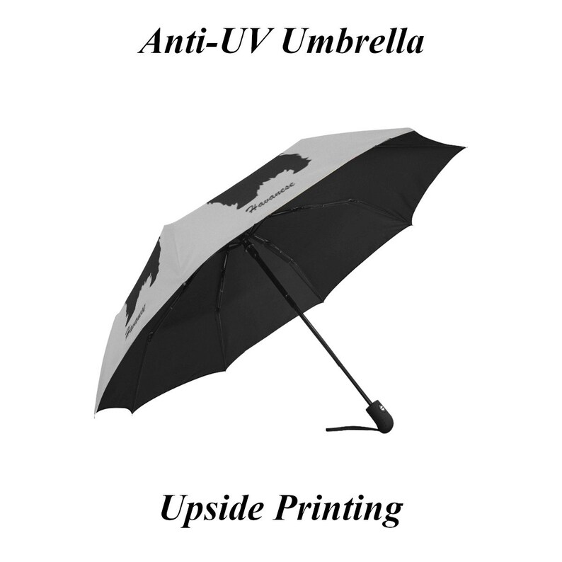 May include: A black and white Anti-UV umbrella with the text "Anti-UV Umbrella" and "Upside Printing". The umbrella features a Havanese dog silhouette on the white panels.