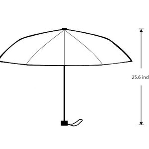 May include: A black and white umbrella, open and displayed against a white background. The umbrella is 25.6 inches in length. The handle has a small loop for carrying.