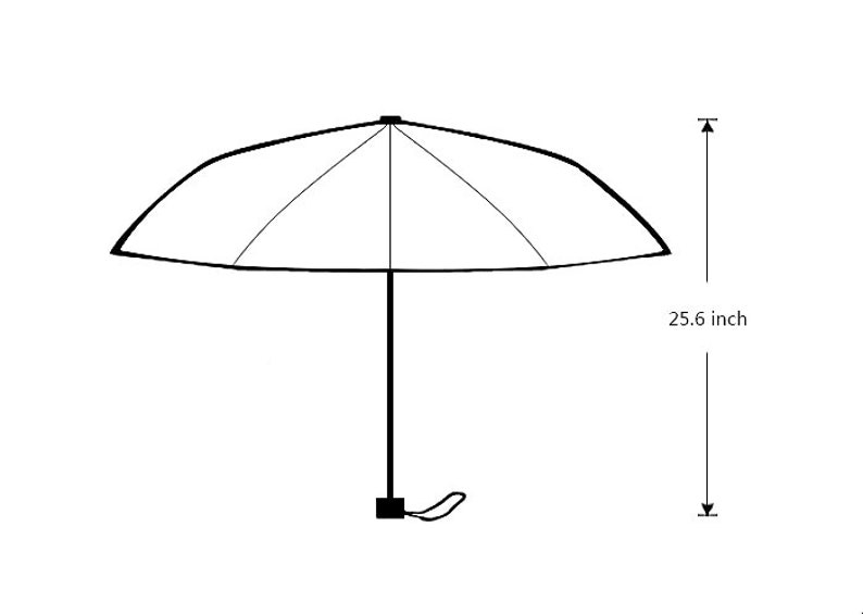 May include: A black and white umbrella, open and displayed against a white background. The umbrella is 25.6 inches in length. The handle has a small loop for carrying.