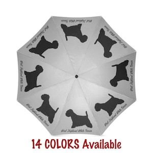 May include: A light grey umbrella with a repeating pattern of black West Highland White Terrier silhouettes. Each panel has the text "West Highland White Terrier". The text "14 COLORS Available" is displayed at the bottom.