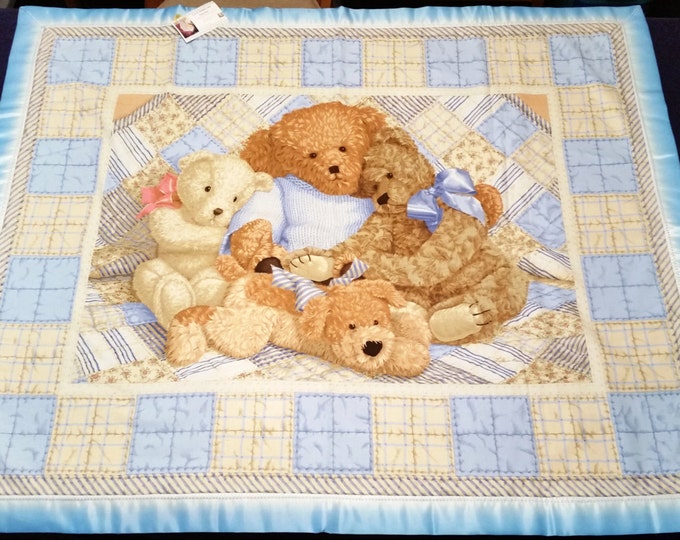 Blue Teddy Bear Toile Blanket
