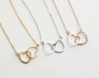 Two hearts necklace in Silver, Double hearts necklace, Silver entwined hearts, Rose gold filled chain, twin hearts, dainty petite simple