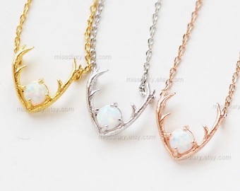 White Opal stone antler Necklace, dainty antler Necklace, Opal stone antler Necklace, antler Charm, gift ideas, necklace for women