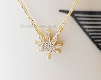 gold marijuana leaf necklace with cz, gold cannabis leaf necklace, gold Pot Necklace, wedding, bridesmaid, birthday gifts