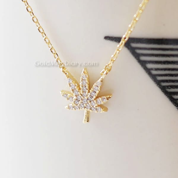 gold marijuana leaf necklace with cz, gold cannabis leaf necklace, gold Pot Necklace, wedding, bridesmaid, birthday gifts