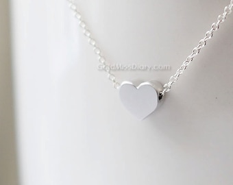 Silver Heart necklace, Tiny heart necklace, silver heart on gold, silver chain...dainty, simple, birthday, wedding, bridesmaid gifts