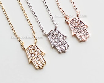 Tiny crystal Hamsa Necklace, rose Gold Hamsa Necklace, Hand of Fatima Necklace, Evil Eye, wedding, bridesmaid, birth day gifts