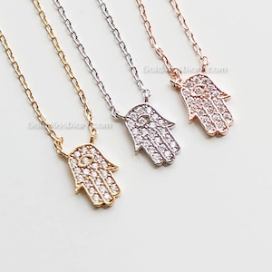 Tiny crystal Hamsa Necklace, rose Gold Hamsa Necklace, Hand of Fatima Necklace, Evil Eye, wedding, bridesmaid, birth day gifts