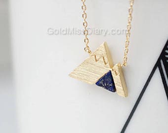 Gold Navy Gemstone Mountain Necklace, dainty Navy Mountain Necklace, Snowy Mountain Necklace, Mountain Charm, Nature Jewelry, gift ideas