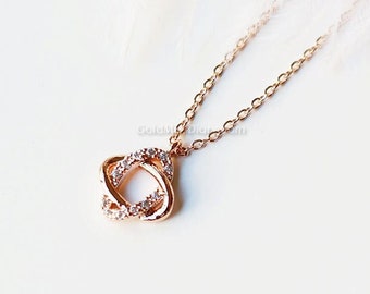 Gram knot necklace in Rose gold with cubic zirconia, dainty, everyday, simple, birthday, wedding, bridesmaid jewelry, gift ideas