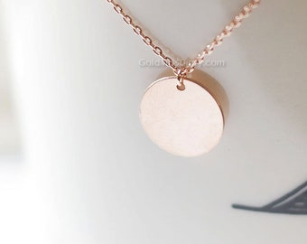 Collier disque initial personnalisé en or rose / collier pièce de monnaie en or rose personnalisé / étiquette en or rose, mariage, demoiselle d'honneur, cadeaux d'anniversaire