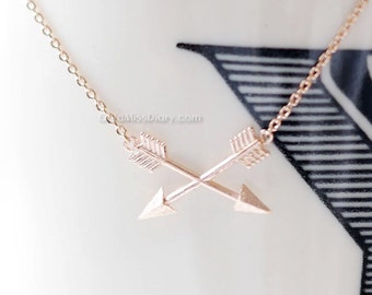 Tiny Arrow Necklace, Cross arrow necklace, 2 arrow necklace, rose gold necklace