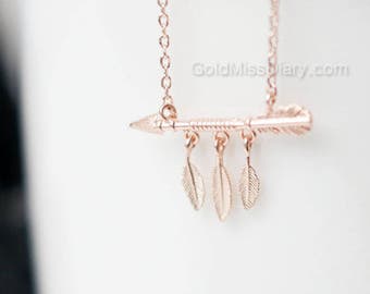 Rose Gold feather Arrow Necklace, dainty simple everyday necklace, boho style arrow Charm, wedding, bridesmaid, birthday gifts,