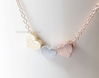 Tiny 3 hearts necklace, three hearts gold, silver, rose gold on gold, silver, rose gold chain.daint, simple, birthday, wedding, bridesmaid