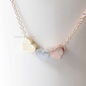 Tiny 3 hearts necklace, three hearts gold, silver, rose gold on gold, silver, rose gold chain.daint, simple, birthday, wedding, bridesmaid