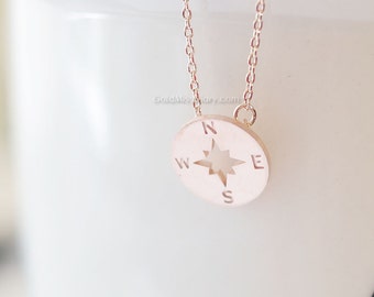 Tiny compass necklace in rose gold, circle disk necklace, compass necklace, bridesmaid gifts, gift ideas, wedding gifts