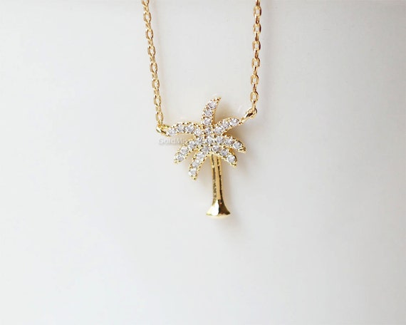 Tiny Crystal Palm Tree Necklace in Gold 