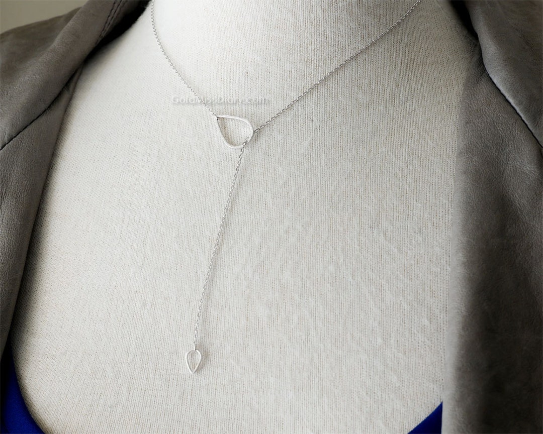 Silver Tear Drop Down Necklace / Simple Tear Lariat Necklace / Minimal
