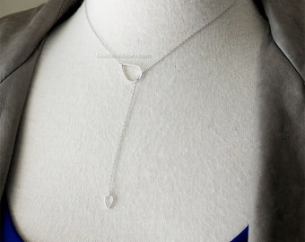 Silver Tear Drop down Necklace / Simple Tear Lariat Necklace / Minimal Y Necklace - simple, wedding, bridesmaid, birthday gifts