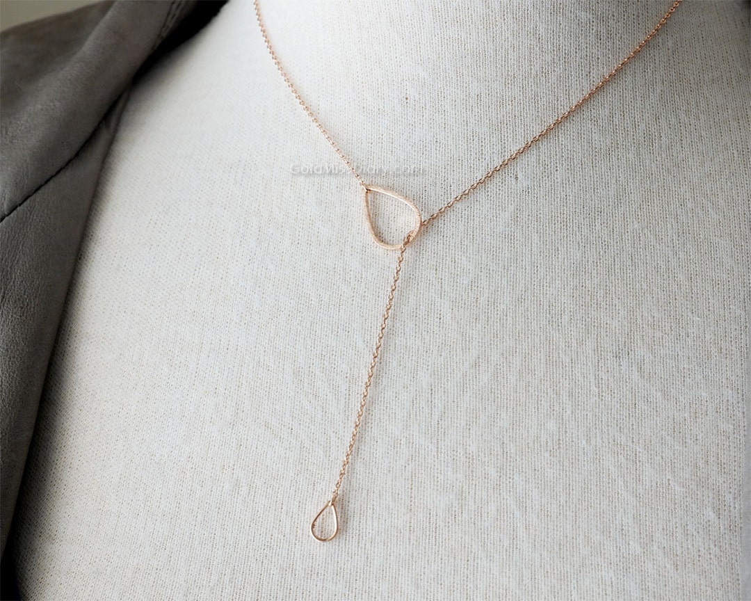 Rose Gold Tear Drop Necklace / Simple Tear Lariat Necklace / Minimal Y