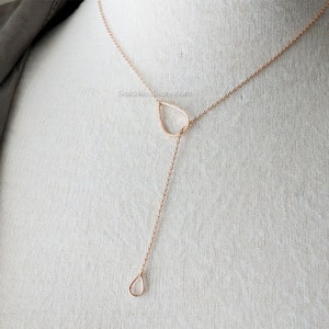 Rose Gold Tear Drop Necklace / Simple Tear Lariat Necklace / Minimal Y Necklace - simple, wedding, bridesmaid, birthday gifts