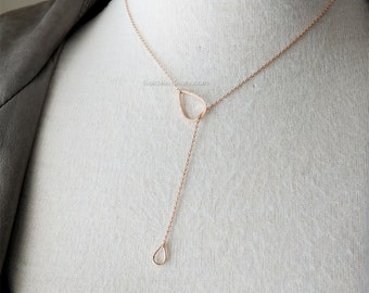 Rose Gold Tear Drop Necklace / Simple Tear Lariat Necklace / Minimal Y Necklace - simple, wedding, bridesmaid, birthday gifts