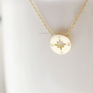 Tiny gold compass necklace, gold circle disk necklace, compass necklace, bridesmaid gifts, gift ideas, wedding gifts