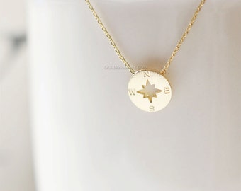 Tiny gold compass necklace, gold circle disk necklace, compass necklace, bridesmaid gifts, gift ideas, wedding gifts