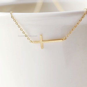 Gold sideways cross necklace/ Gold Filled necklace, dainty everyday necklace, wedding, birthday, bridesmaid gifts, image 2