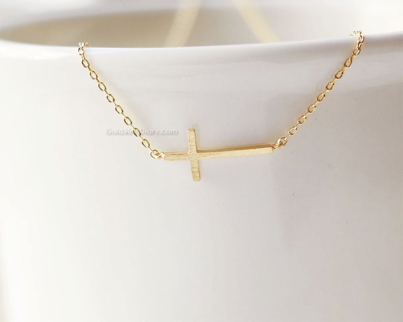 Gold sideways cross necklace/ Gold Filled necklace, dainty everyday necklace, wedding, birthday, bridesmaid gifts, image 2