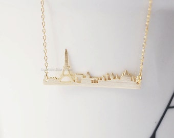 paris skyline bar necklace in gold, Paris souvenir bar necklace , city necklace, france eiffel tower, skyline necklace, gift ideas