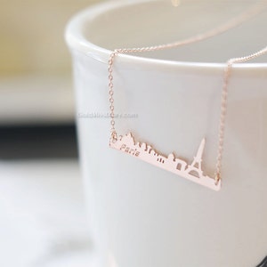 paris skyline bar rose gold necklace, Paris bar necklace in rose gold, city necklace, france eiffel tower, souvenir, skyline necklace image 3