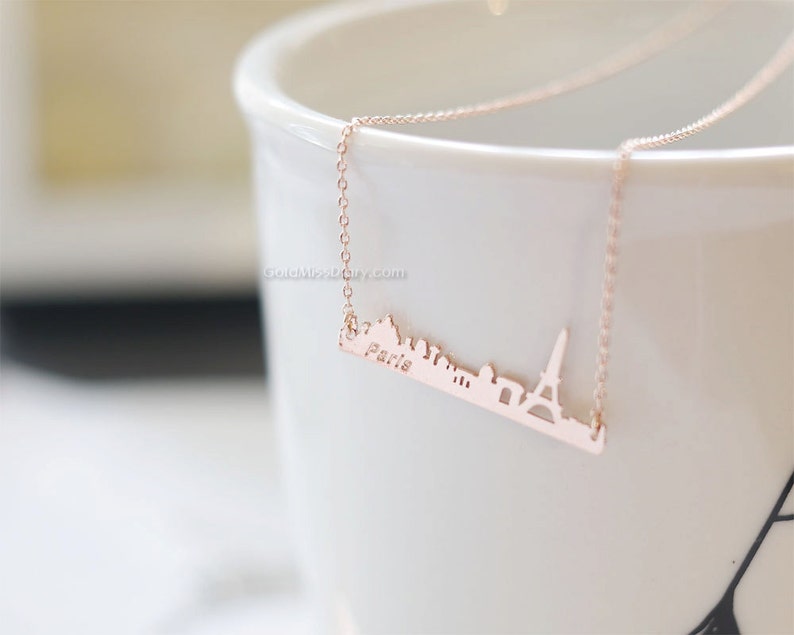 paris skyline bar rose gold necklace, Paris bar necklace in rose gold, city necklace, france eiffel tower, souvenir, skyline necklace image 3