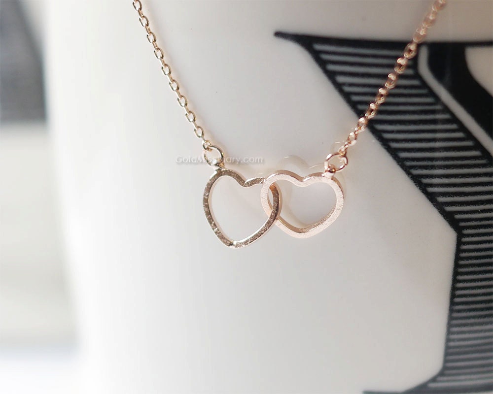 Two Hearts Necklace, Double Hearts Necklace, Rose Gold Entwined