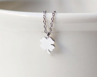 Tiny Four Leaf Clover silver Necklace- Sweet and Simple Shamrock for Good Luck, wedding gifts, bridesmaid gifts, birthday gifts, gift idas
