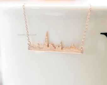 Collar de oro rosa con el horizonte de Nueva York, collar con barra de Nueva York, collar con barra de ciudad, joyería de EE. UU., recuerdo de Nueva York, collar con el horizonte.