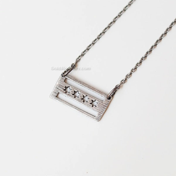 Chicago flag necklace in antique silver, Chicago necklace, dainty chicago flag necklace, chicago souvenir, chicago love, remember chicago
