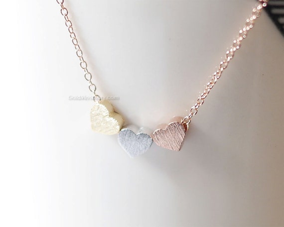 Tiny 3 Hearts Necklace Three Gold Silver Rose - 3 Heart Gold Pendant
