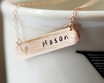 open heart Rose Gold name bar necklace, personalized bar necklace. dainty, simple necklace, birthday, wedding, bridesmaid gifts