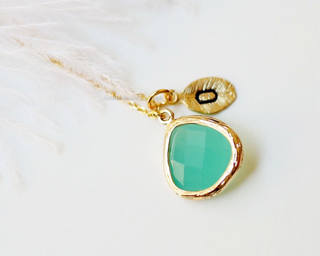 Mint Stone Necklace, Mint Necklace, Initial Necklace, Bridesmaid Gifts ...