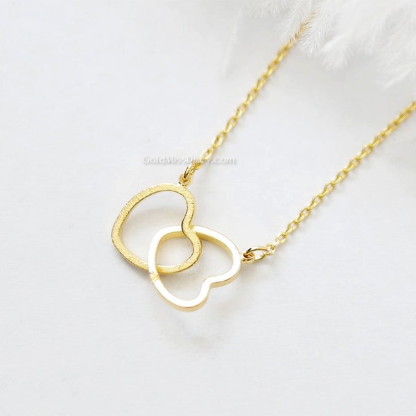 Two hearts necklace in gold, Double hearts necklace, gold entwined hearts, gold filled chain, gold twin hearts, dainty, wedding gifts