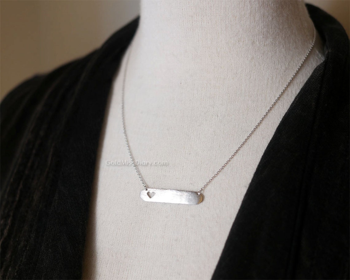 Silver Initial Bar Necklace With Open Heart Personalized Etsy