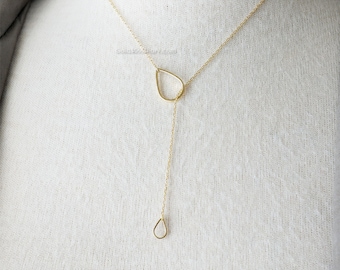 Gold Tear Drop down Necklace / Simple Tear Lariat Necklace / Minimal Y Necklace - simple, wedding, bridesmaid, birthday gifts