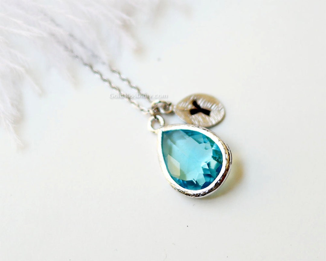 Personalized Aqua Stone Necklace Silver Flame, Aqua Necklace, Initial Necklace, Bridesmaid Gifts ...