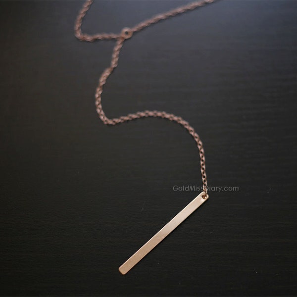 Rose Gold Bar Drop Necklace / Simple Bar Lariat Necklace / Minimal Y Necklace / Rose Gold vertical bar necklace