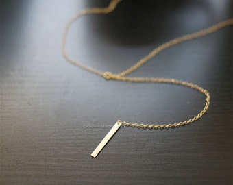 Minimal thick Gold Bar Drop Necklace / Simple Bar Lariat Necklace / Minimal Y Necklace / 14K Gold Filled Simple Vertical Bar Drop Necklace