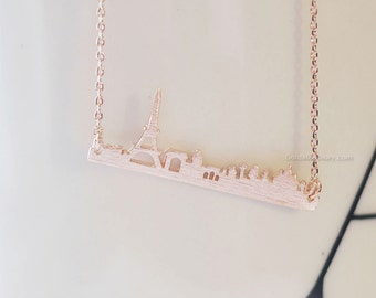 paris skyline bar rose gold necklace, Paris bar necklace in rose gold, city necklace, france eiffel tower, souvenir, skyline necklace