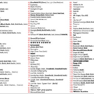 May include: A list of different font names in black text on a white background. The font names are organized in a column on the left side of the image and a column on the right side of the image. The font names are in various styles, including bold, italic, and condensed.