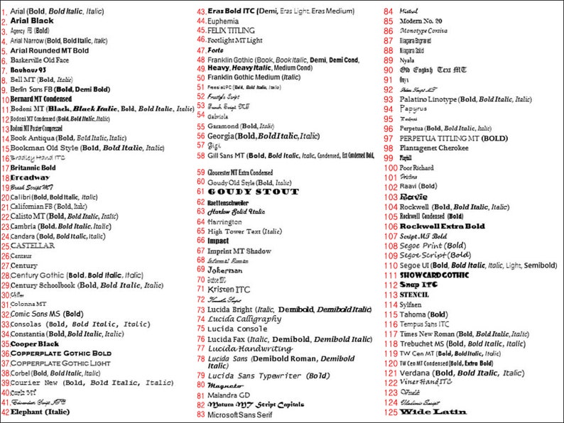 May include: A list of different font names in black text on a white background. The font names are organized in a column on the left side of the image and a column on the right side of the image. The font names are in various styles, including bold, italic, and condensed.