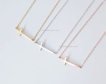 rose Gold sideways cross necklace, skinny cross necklace, dainty everyday necklace, wedding, birthday, bridesmaid gifts,